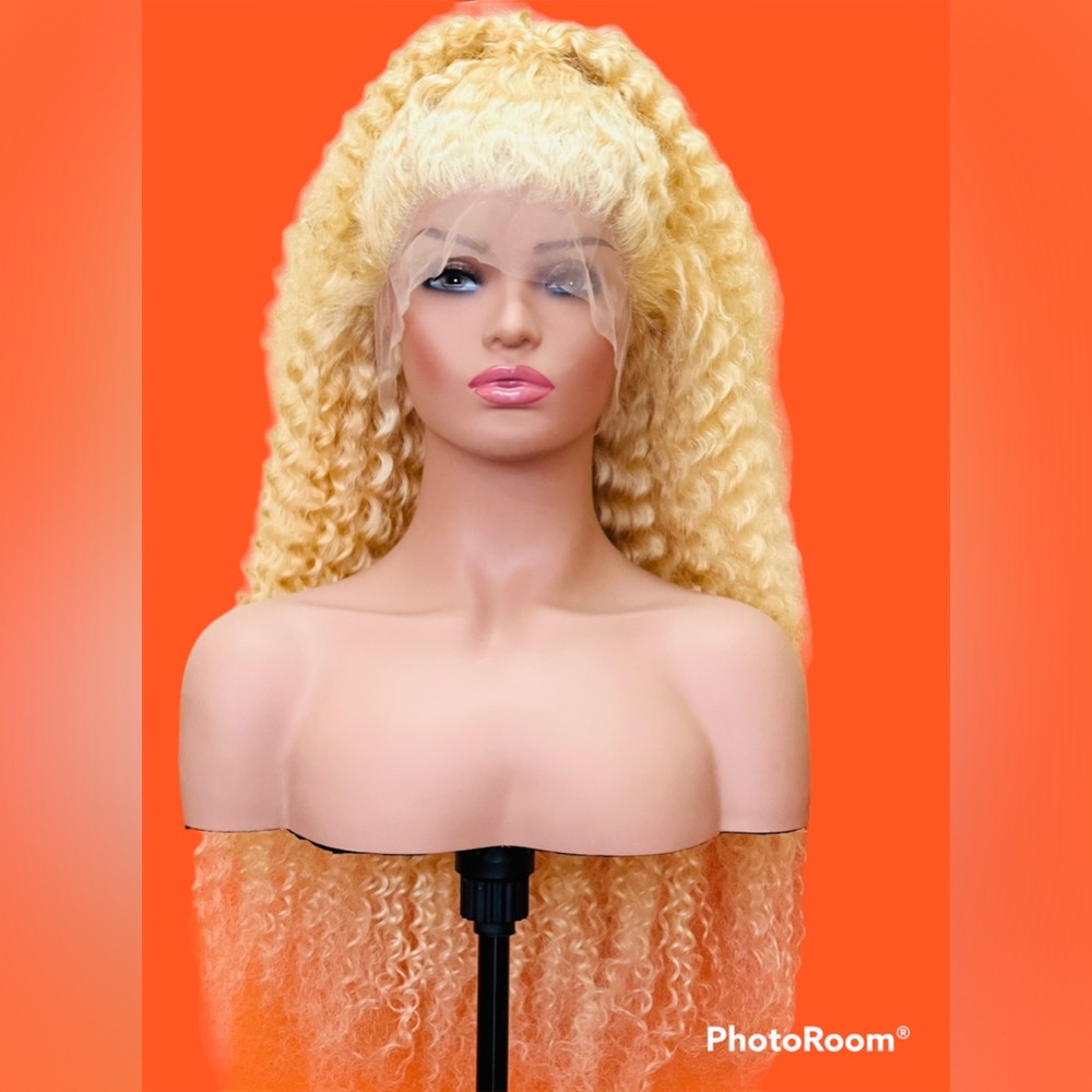 28” Blonde  Deep curly transparent wig